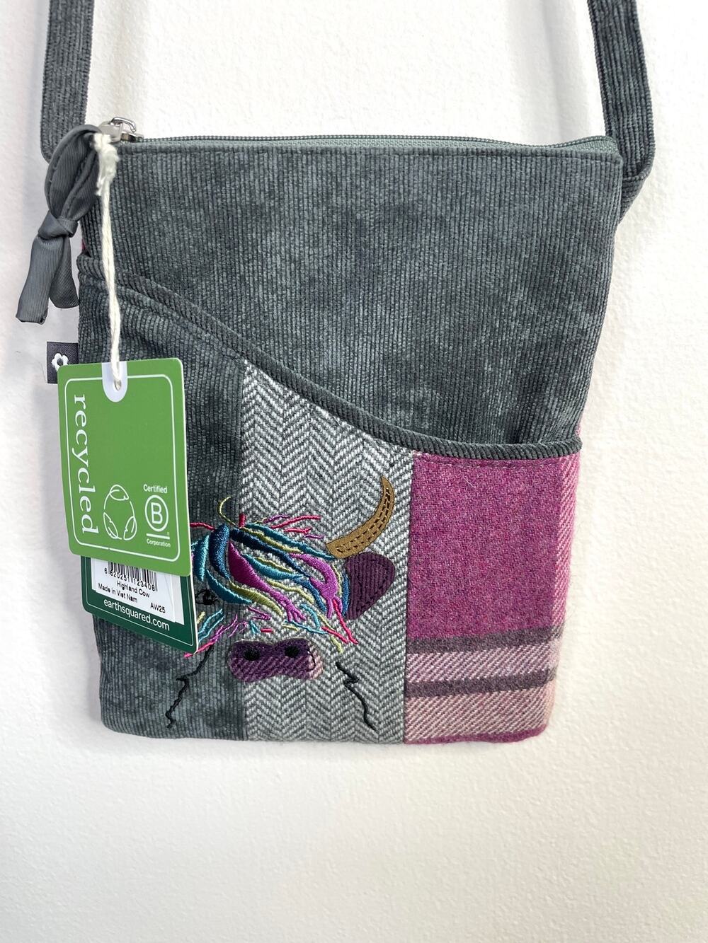 Earth Squared Original Sling Crossbody Mini Bag Purse Cow Embroidered Tweed New